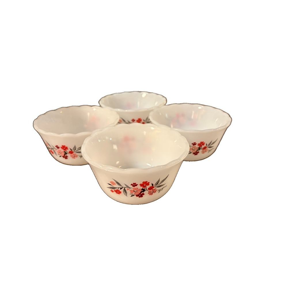 Vintage Fire King Primrose Custard Bowls Set of 4 Milk Glass Floral 1960s